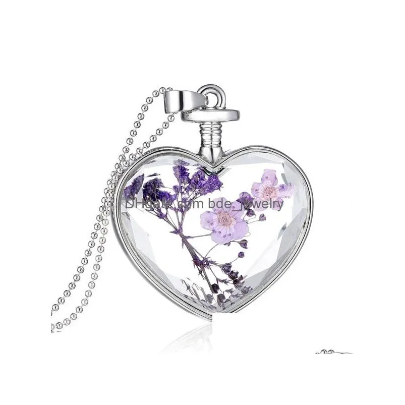 western style for women fashion jewelry highgrade crystal glass heart dry flower slide pendant necklace