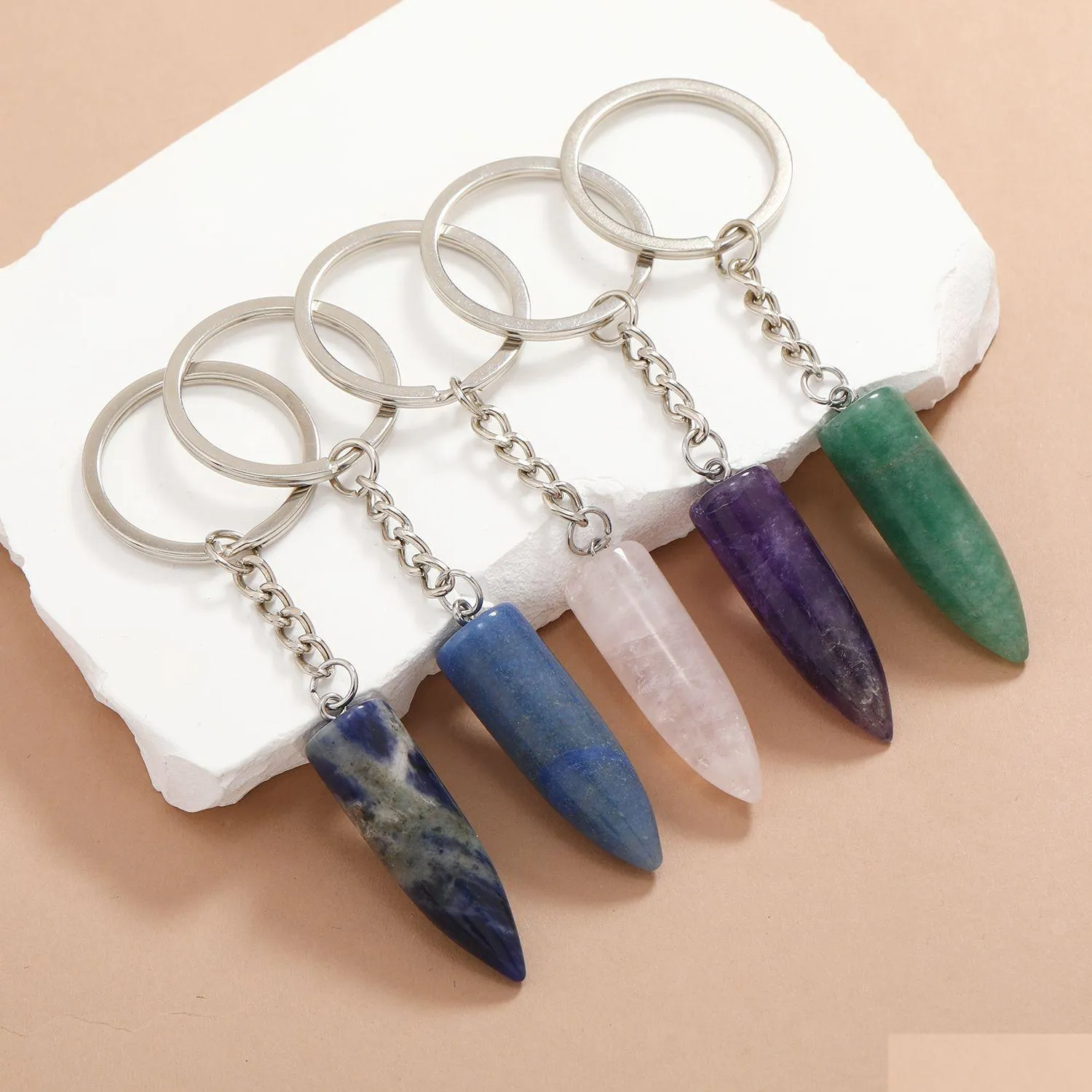 bullet shape crystal natural stone key rings gem charms keychains healing crystal keyrings for women men