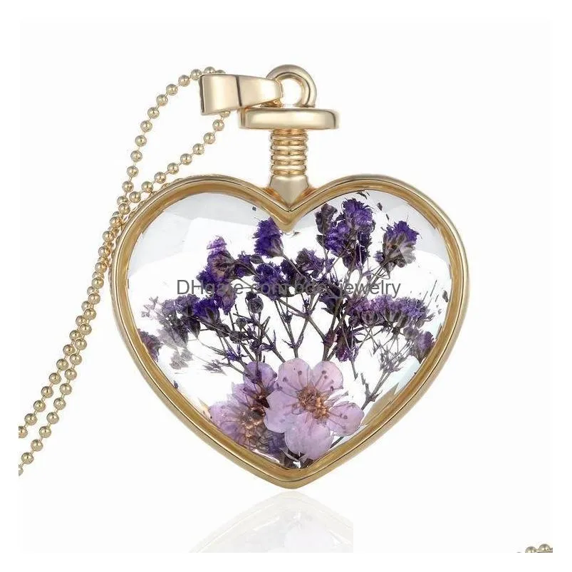 western style for women fashion jewelry highgrade crystal glass heart dry flower slide pendant necklace