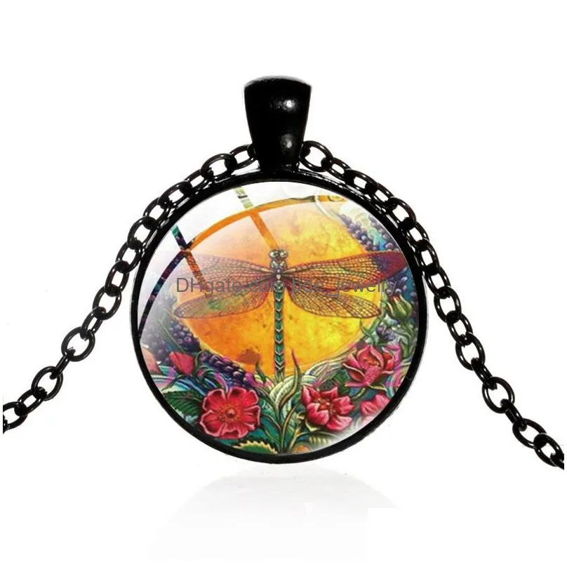 fashion jewelry vintage time gem cabochon dragonfly pendant necklace