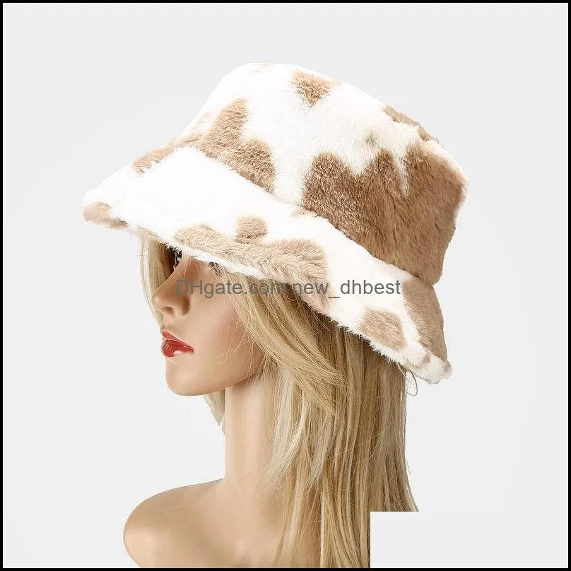 outdoor casual faux fur winter hats for women black white cow print bucket hat men fisherman cap