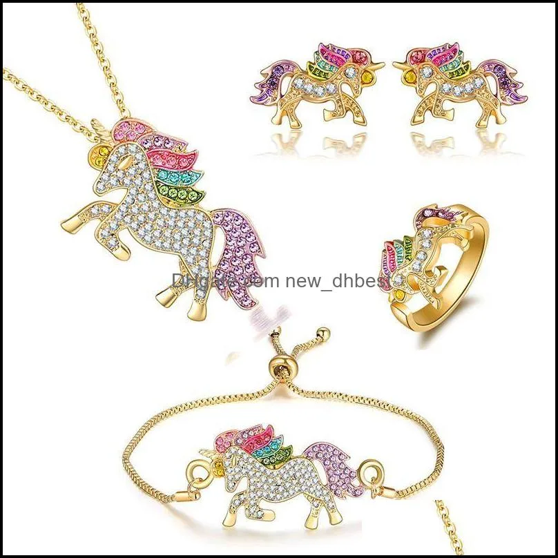 crystal horse jewelry set cute rainbow horse gold silver color necklace bracelet rings earrings for women girls gift