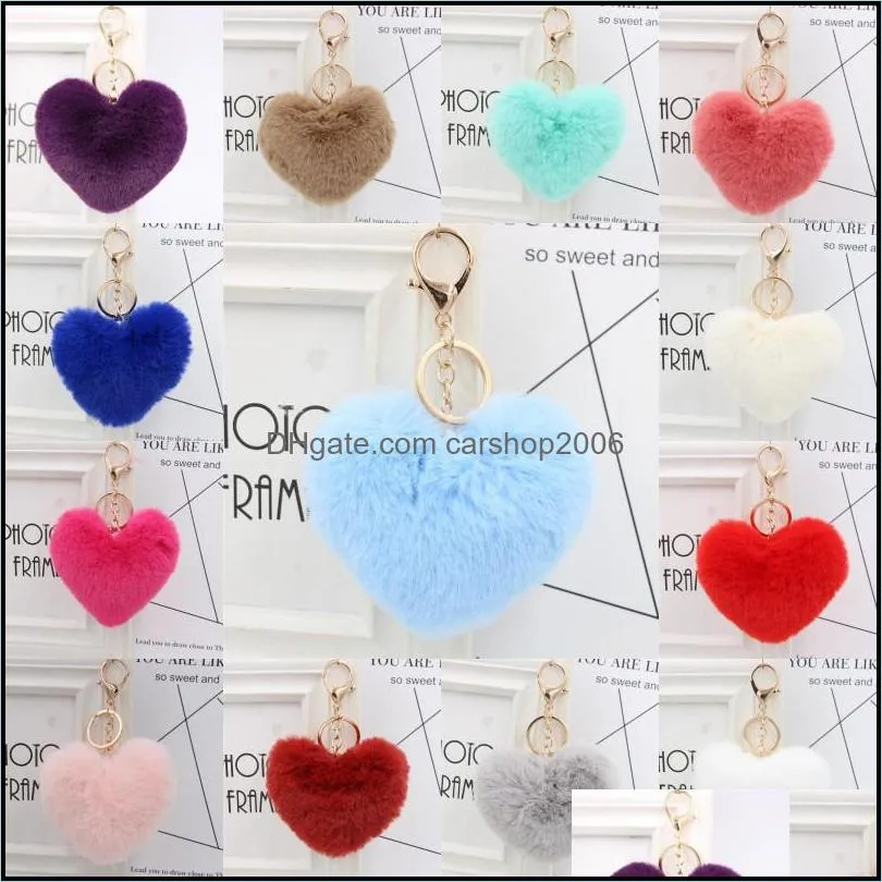 fluffy pompom key rings for women soft heart shape rabbit keychains ball car bag accessories keyfobs pendant jewelry p56fa