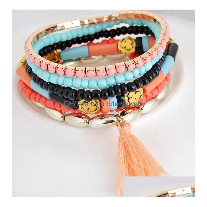 europe fashion jewelry womens bracelet layers colorful plastic beaded charms tassels elastic bracelets