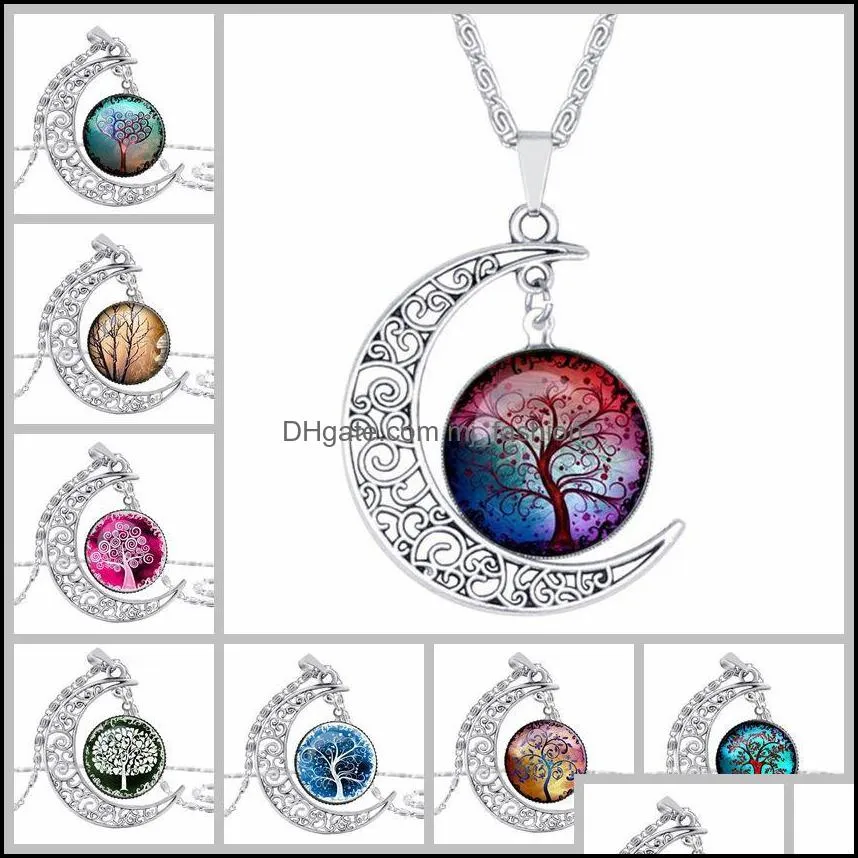 fashion cabochons glass moon necklace starry outer space universe gemstone pendants tree of life necklaces for women jewelry