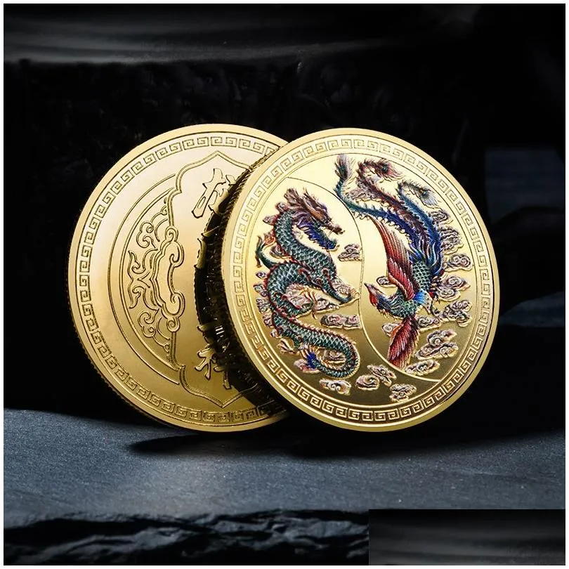 chinese coin with dragons and phoenix 45mm collectibles coins lucky commemorative medal gold plated souvenir for decor feng shui