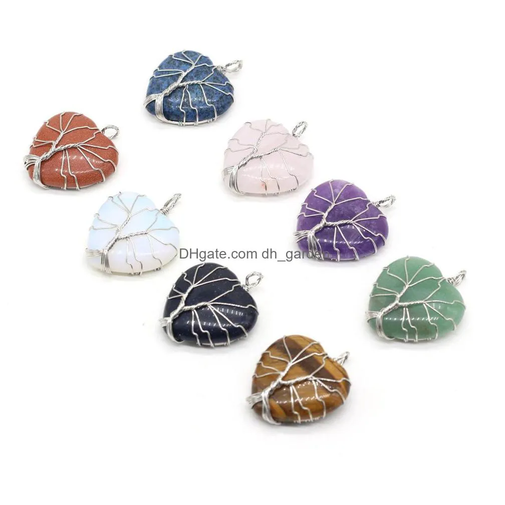 natural stone tree of life wire wrap heart charms rose quartz healing reiki crystal pendant diy necklace earrings women fashion jewelry finding