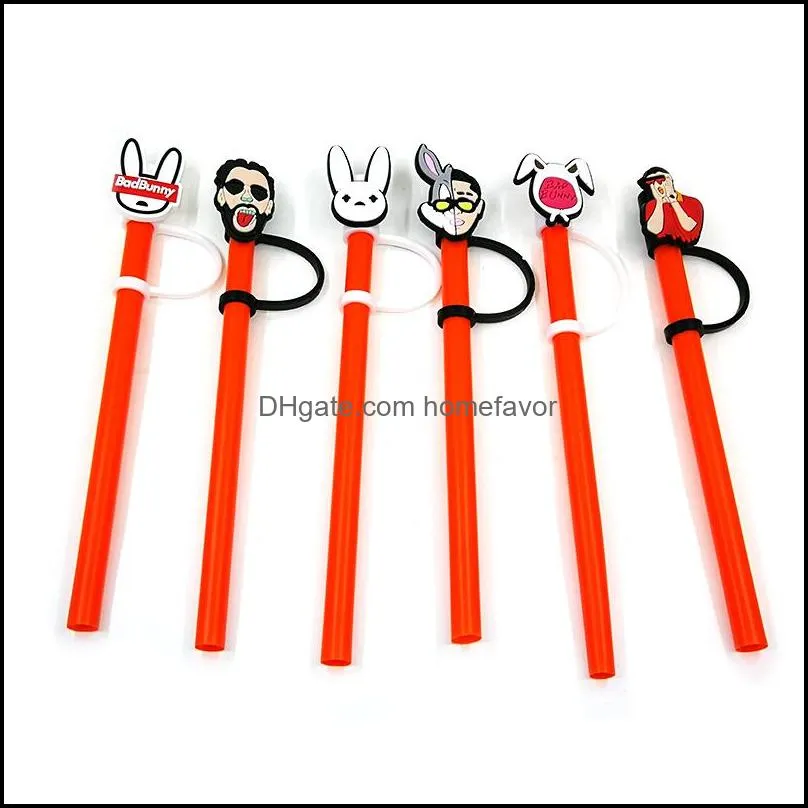 custom bad bunny soft silicone straw toppers accessories cover charms reusable splash proof drinking dust plug decorative 8mm straw party