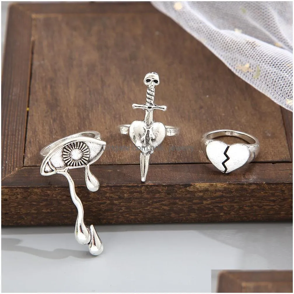 fashion jewelry knuckle ring set sword heart evil eye stacking rings midi rings sets 3pcs/set