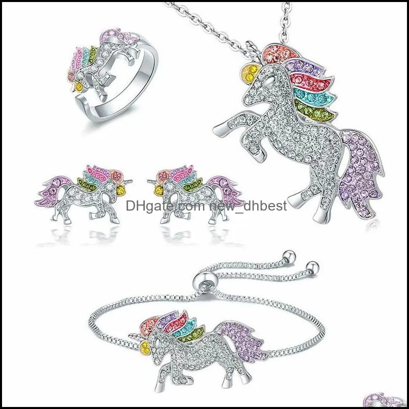 crystal horse jewelry set cute rainbow horse gold silver color necklace bracelet rings earrings for women girls gift