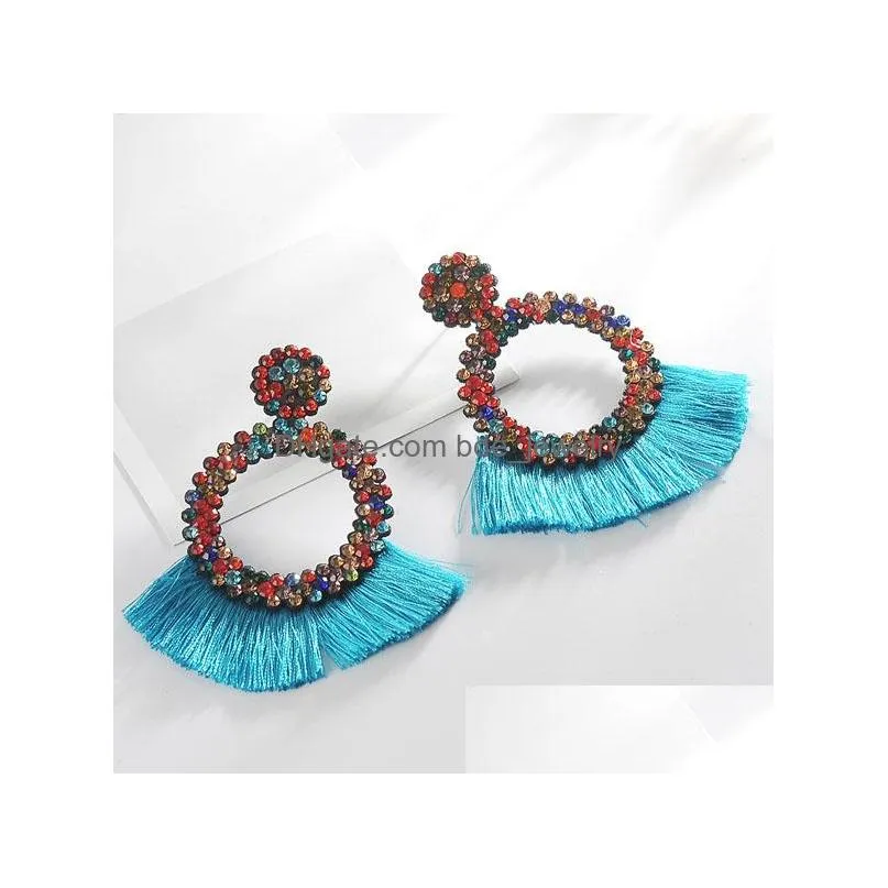 bohemian fashion jewelry thread tassel earrings vintage colorful rhinstone stud earrings