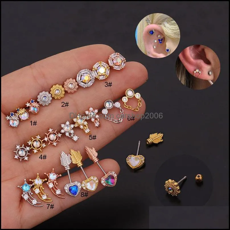 cz cartilage stud dangle earring women fashion colorful crystal earrings stainless steel helix ear piercing jewelry a76z