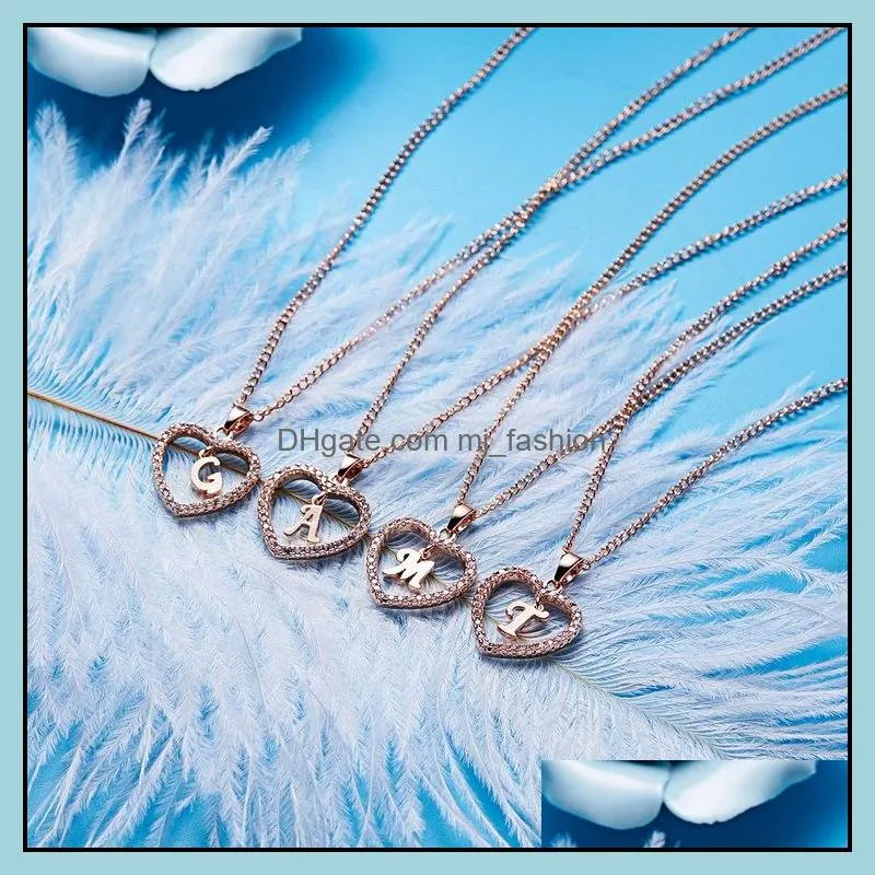 luxury 26 letter pendant initial necklaces bling crystal rhinestone love heart shape alphabet charm link chain for women fashion