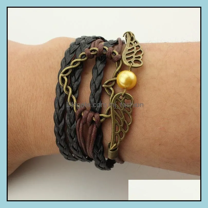 16 styles creative leather wraps bracelet love wings owl charm multilayer braided bracelets for man woman fashion jewelry in bulk