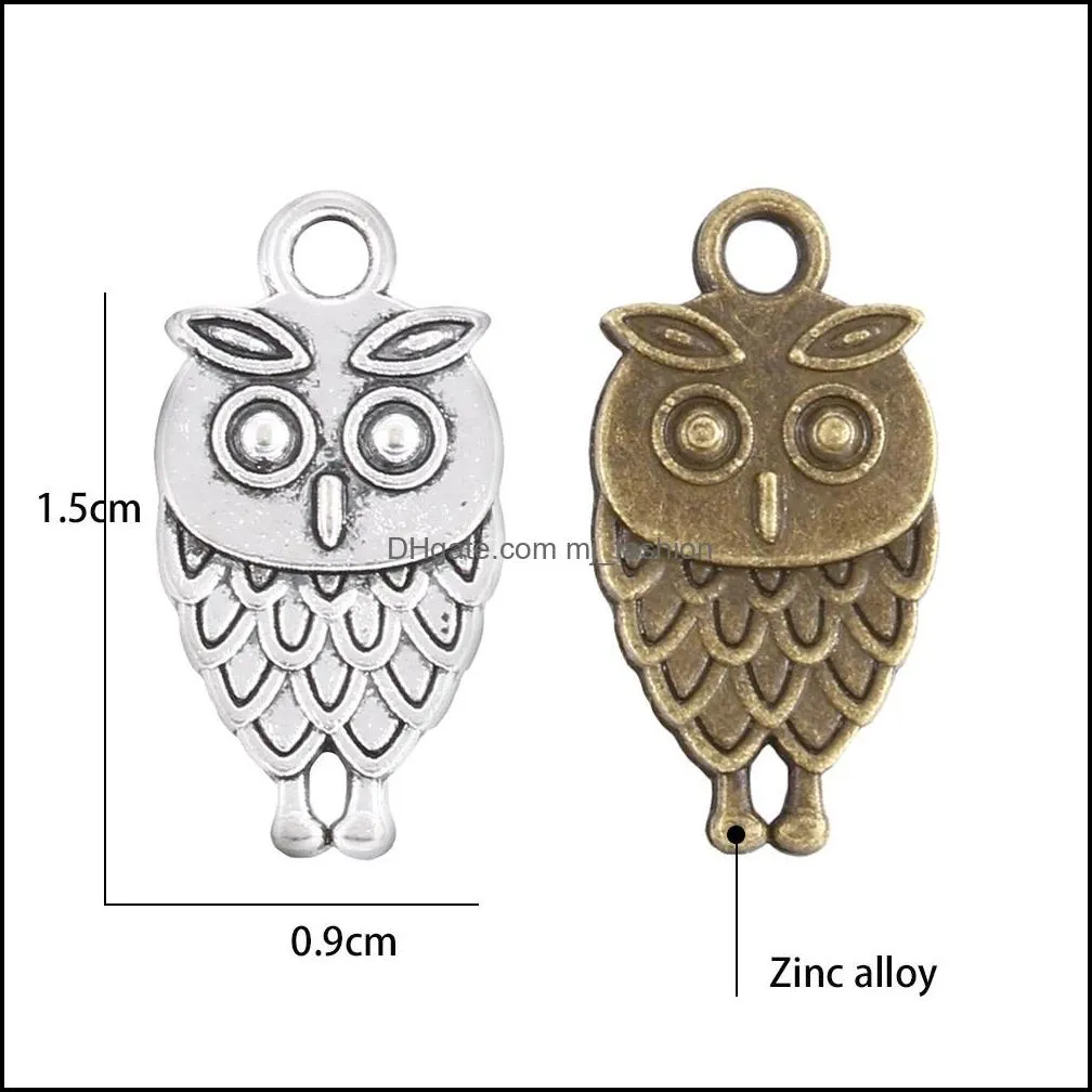 vintage owl animal pendant charm for bracelet necklace 100pcs/lot retro silver broze cute diy charm jewelry making