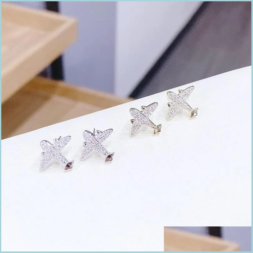 simple wholesale high quality brass gold plated inlay zircon airplane shaped cute stud earrings for women jewelry 491 q2