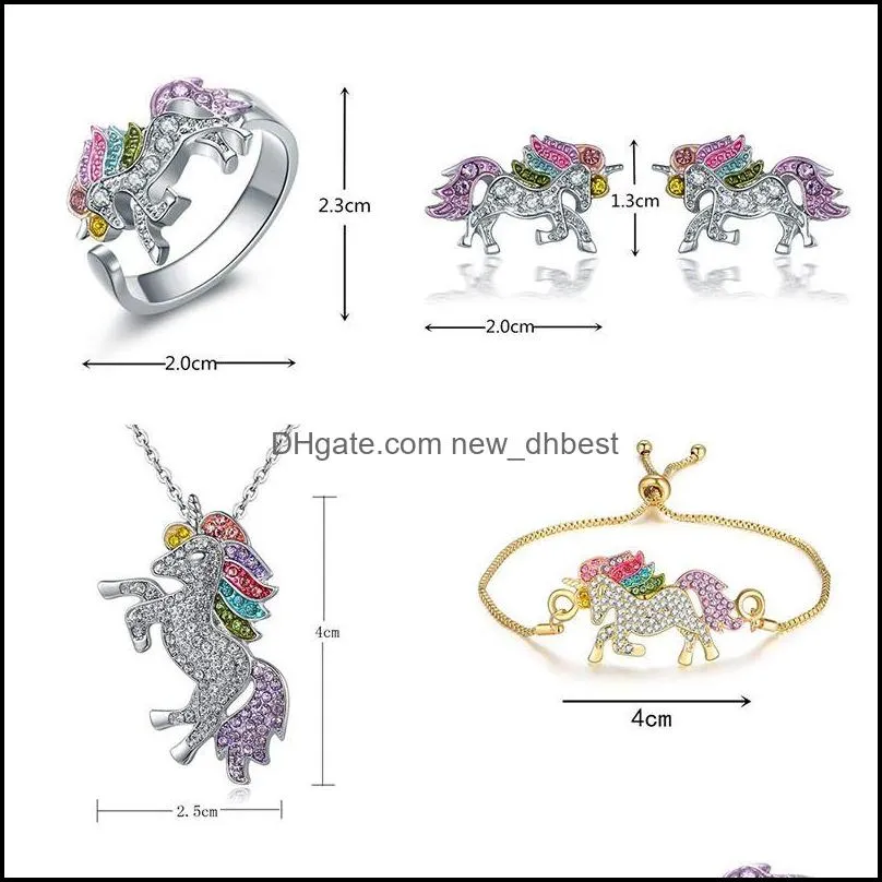 crystal horse jewelry set cute rainbow horse gold silver color necklace bracelet rings earrings for women girls gift