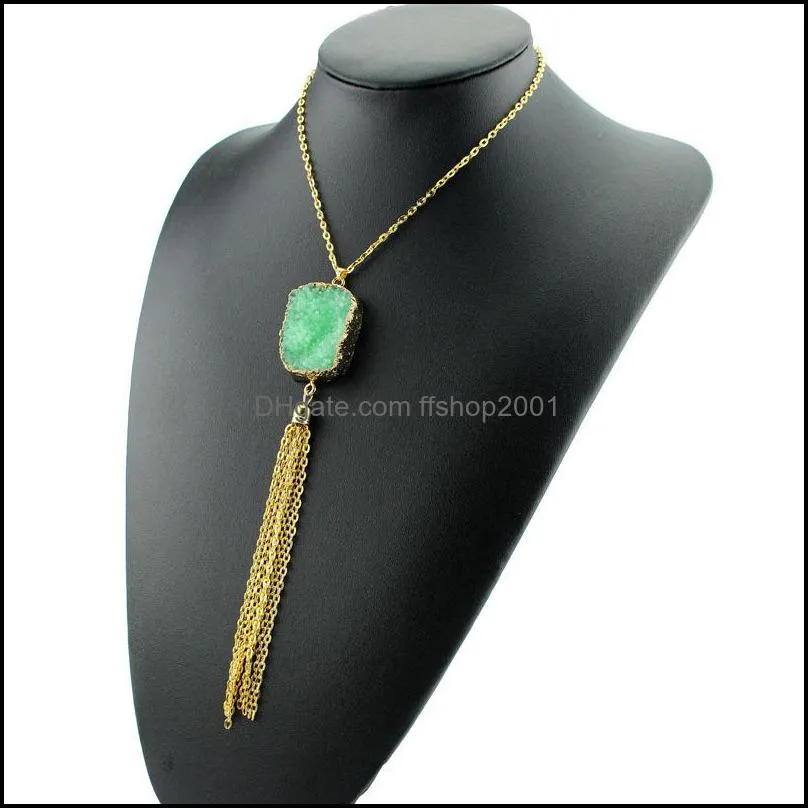 fashion druzy drusy necklace gold plated irregular faux stone tassel long necklace for women bohemia jewelry