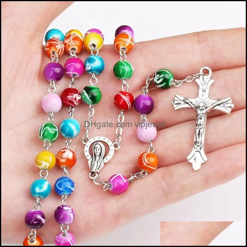  religious catholic rainbow rosary long necklaces jesus cross pendant 8mm bead chains for women men s fashion christian jewely 85