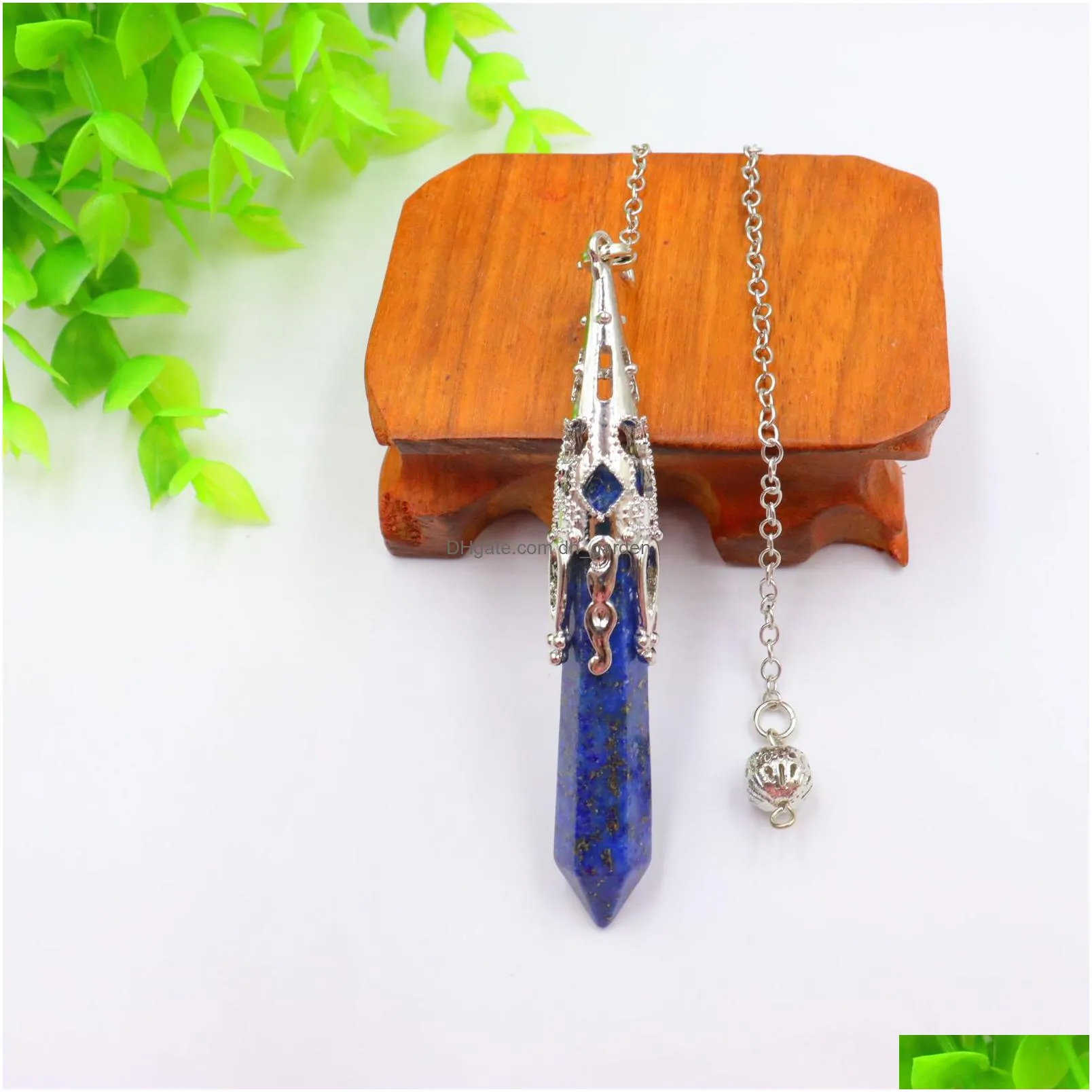 natural stone pendulum charms hexagonal prism shaped pendant link chain for divination crystal jewelry charm amulet healing pendant