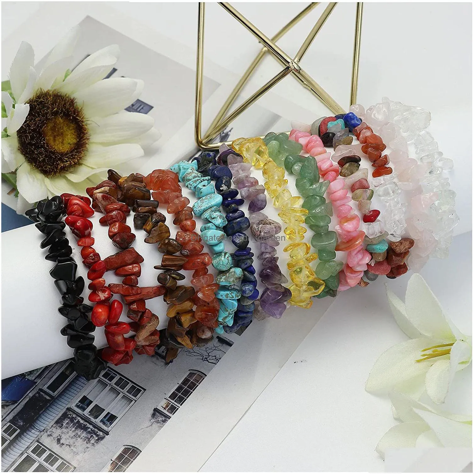 30pcs natural gem stone strand bracelet irregular crystal stretch chip beads nuggets bracelets bangles quartz wristband for women