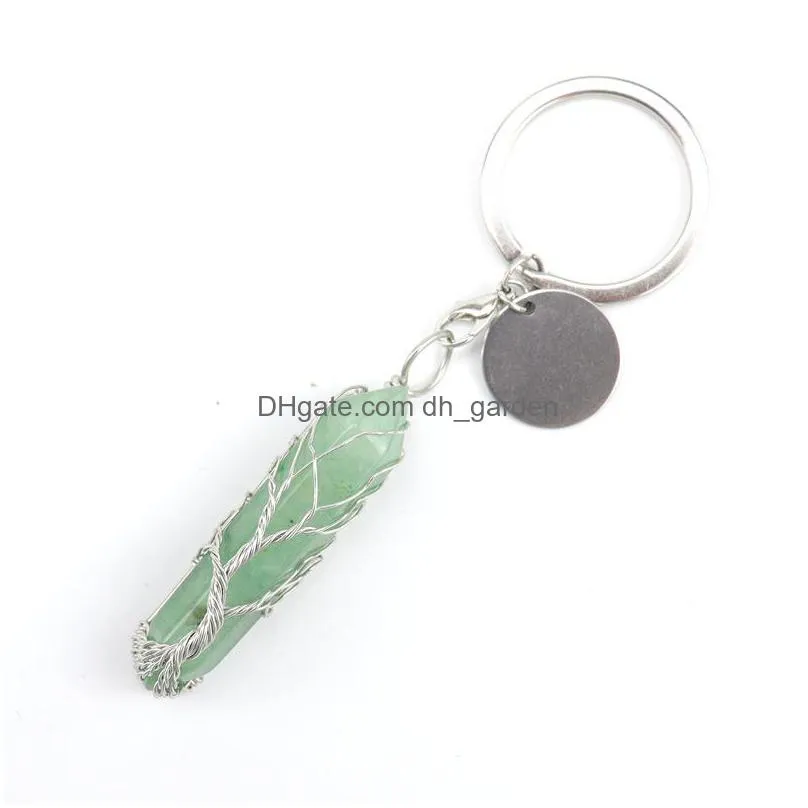 handmade tree of life key rings hexagonal prism pillar natural stone healing crystal quartz keychain keys chain key ring
