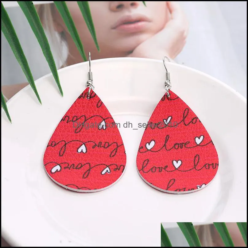 fashion designer pu leather dangle earring for women girl water drop heart colorful pattern double side hook earring jewelry christmas