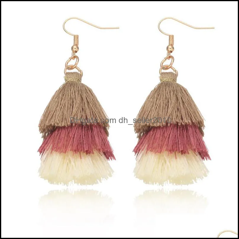 unique design three layer cotton thread earrings for women fashion colorful bohemian tassel earrings party wedding jewelry christmas