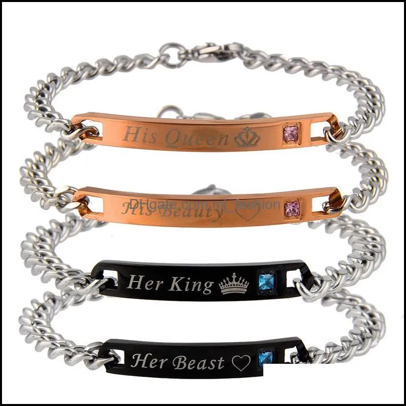 titanium steel bracelets her king his queen her beast his beauty lettering crown love couple bangle for men women s fashion jewelry