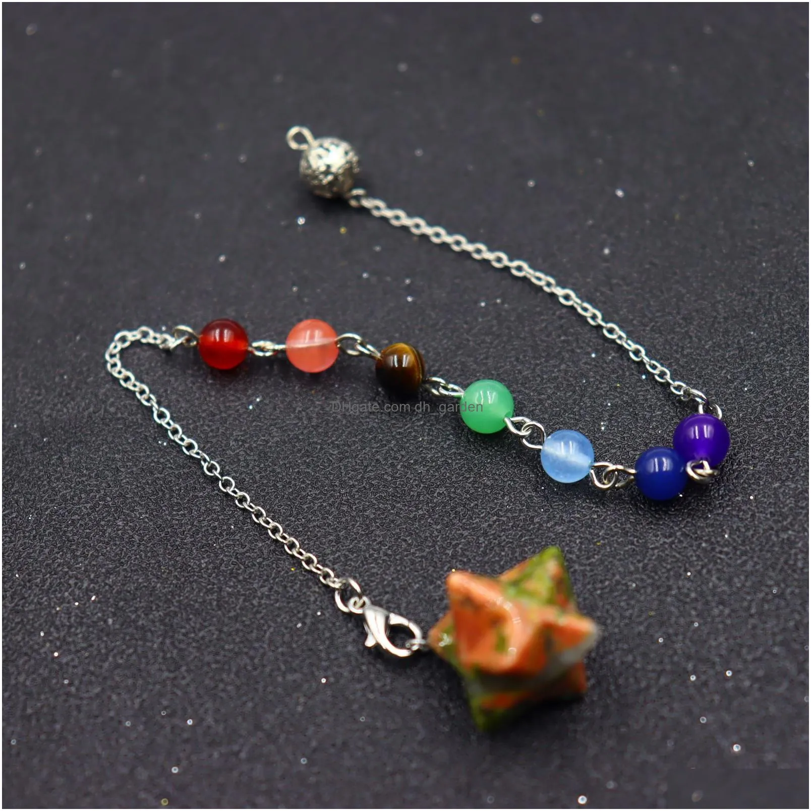 natural stone merkabah star charms pendulum 7 color chakra chain for divination crystal jewelry charm amulet healing pendant