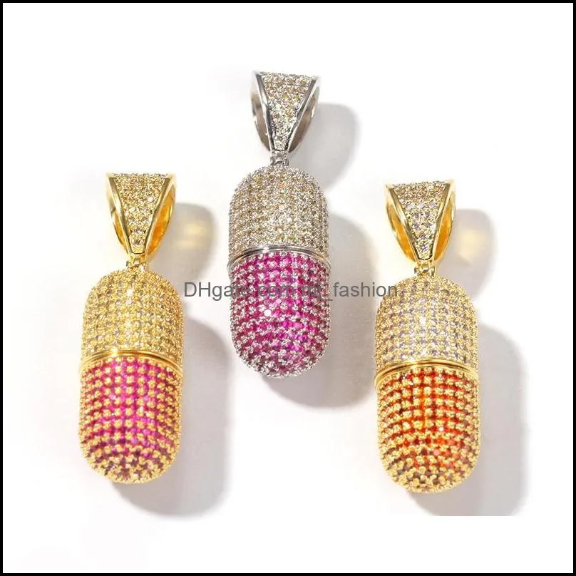 hip hop colorful iced out open pill shape pendant bling cz cubic zirconia necklace for women men hiphop jewelry