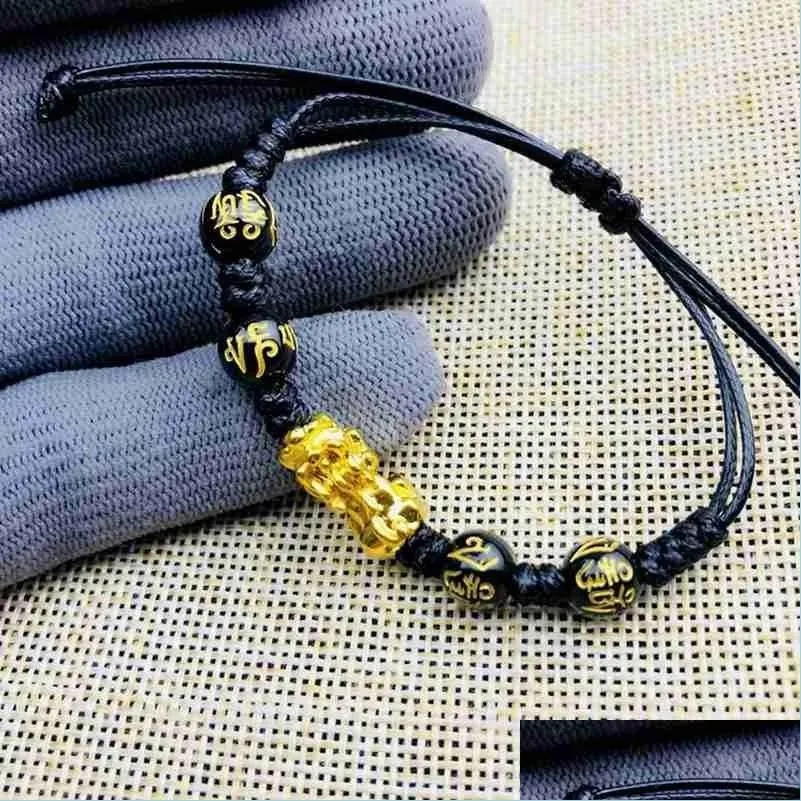 unisex obsidian stone chain bracelet rope wristband gold animal wealth health rich good luck beads bracelets for women men