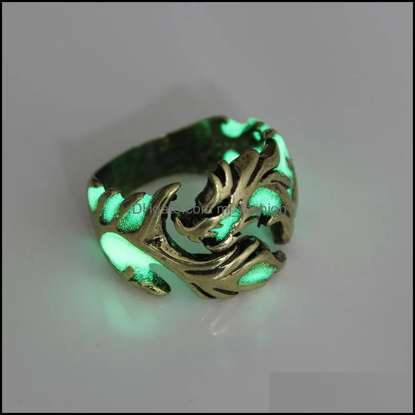 vintage mens glowing in the dark rings retro luminous dragon ancient bronze silver adjustable ring for male s punk jewelry