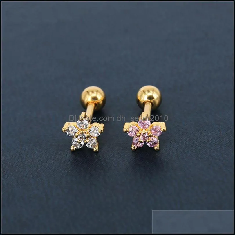 4 color small flower 5a flash zircon stud earrings for women girl titanium steel gold silver studs earrings elegant jewelry