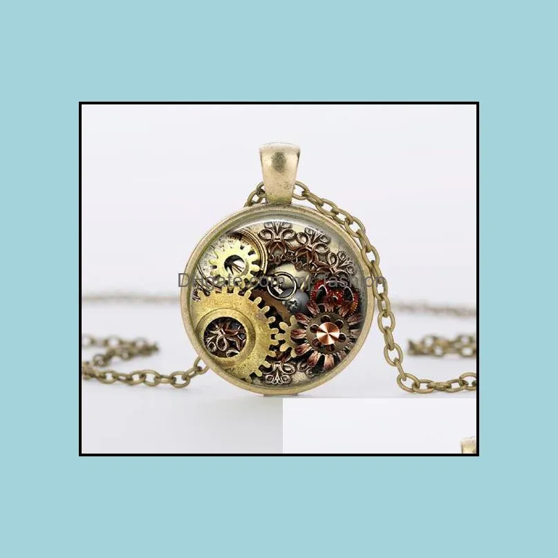  fashion punk bronze floating necklaces men gear dial vintage glass pendant necklace for women jewelry accessories