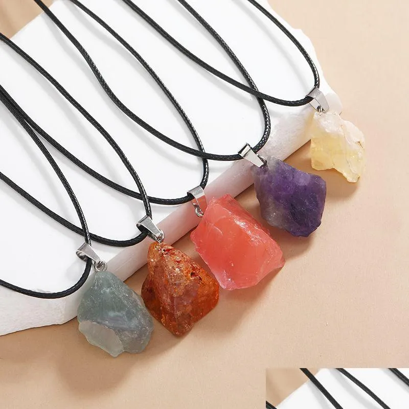 natural irregular rough raw fluorite stone pendant healing crystal gemstone black rope chain necklace women jewelry