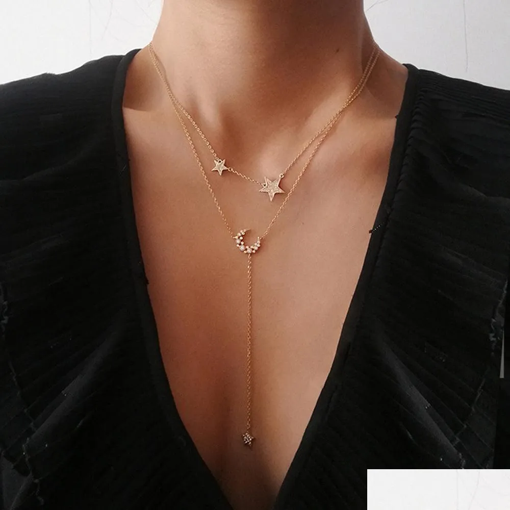 fashion jewelry double layer necklace rhinstone stars moon pendant choker necklaces