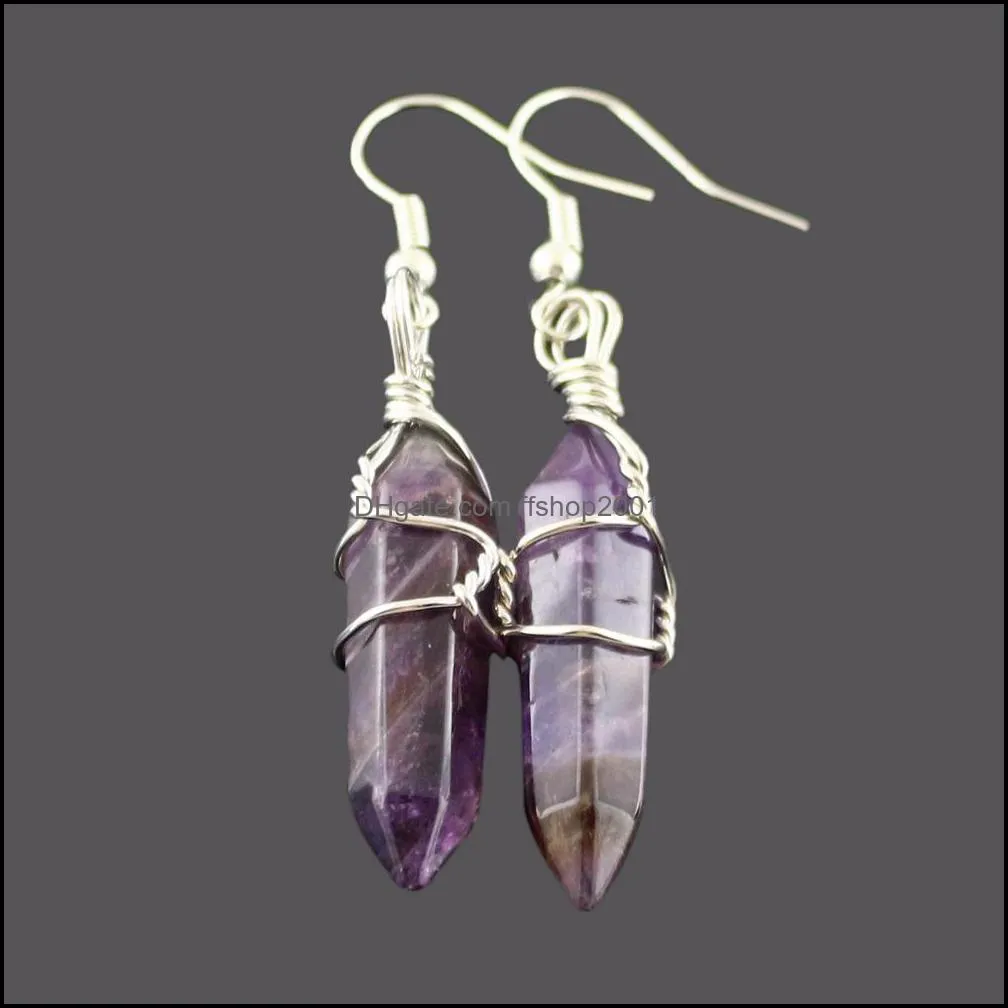 wired wrap bullet earrings natural amethysts opal turquoises quartz dangle earrings healing reiki stone pendulum earrings women