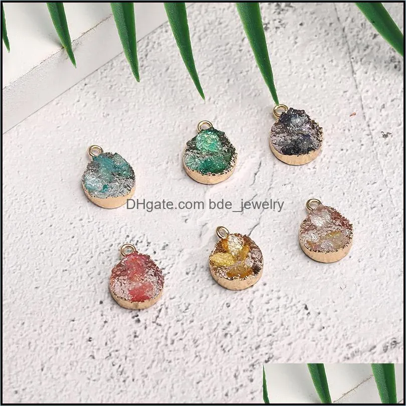 trendy resin druzy round stone pendant charms gemstone with gold plated multi color double side diy bracelet earring necklace jewelry