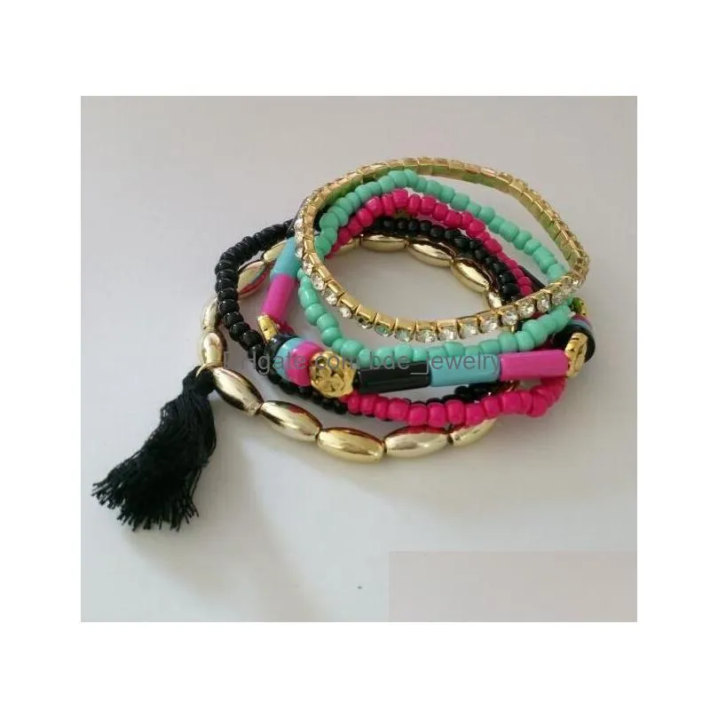 europe fashion jewelry womens bracelet layers colorful plastic beaded charms tassels elastic bracelets
