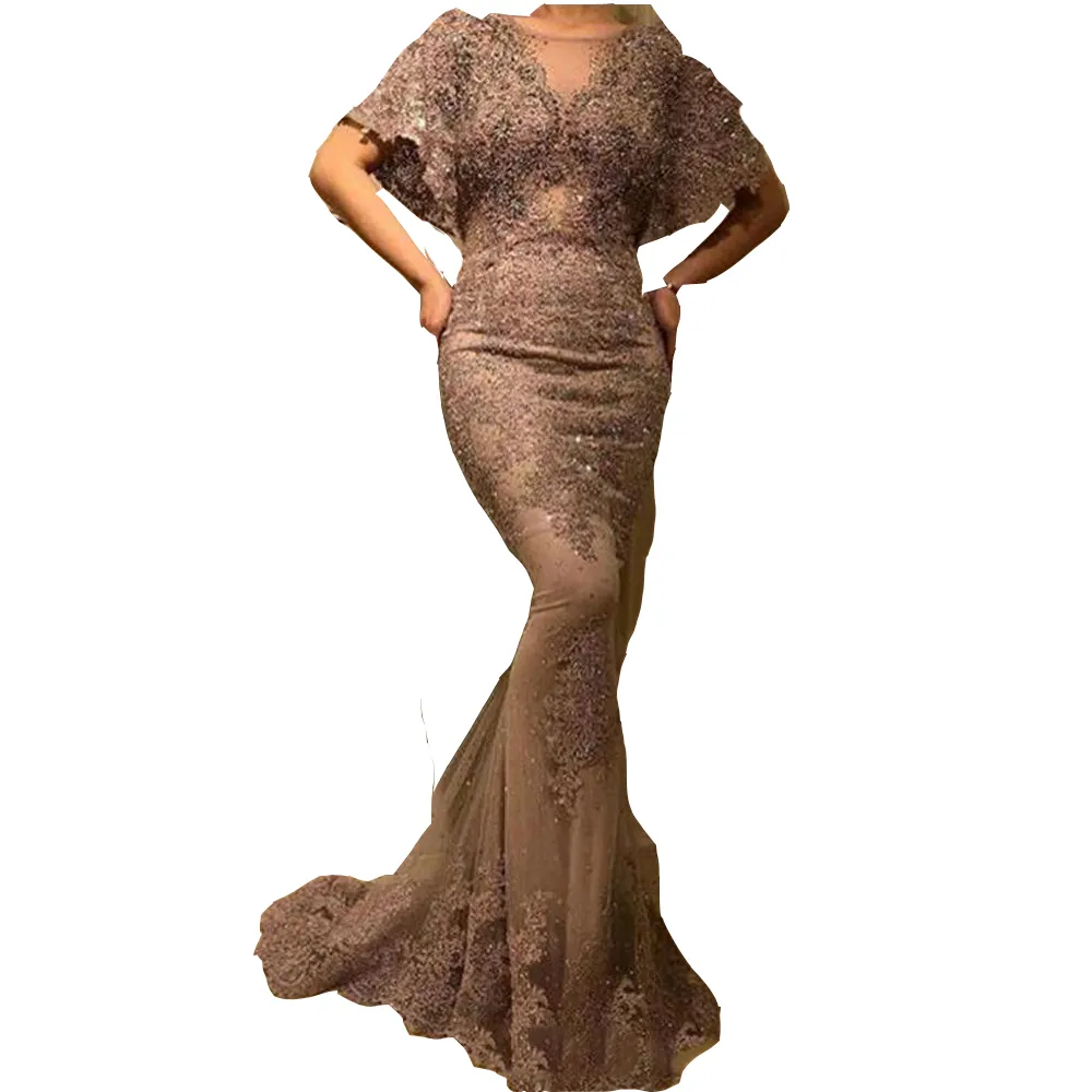 2023 Evening Dresses Wear Brown Illusion Jewel Neck Cap Sleeves Mermaid Sweep Train Lace Appliques Crystal Beads Plus Size Prom Gowns Party Dresses