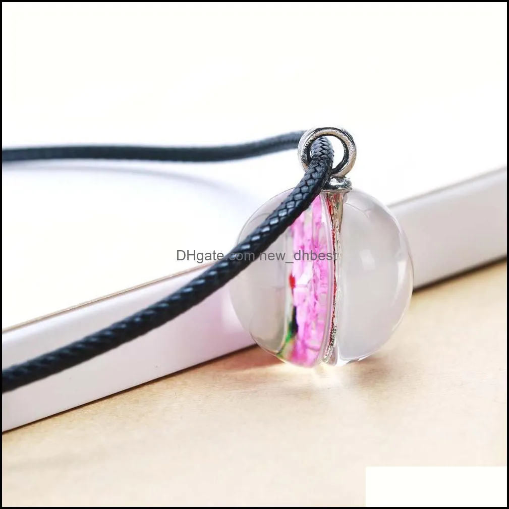  handmade dried flower glass necklace colorful glass ball pendant leather rope necklace fashion jewelry for women girls gift