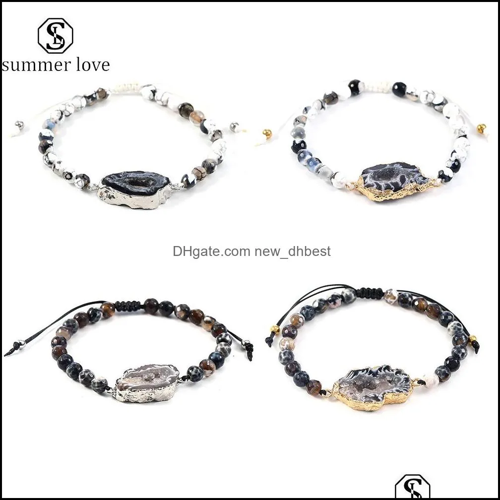 trendy irregular natural agate druzy charm bracelet fashion black white beads by hand braide adjust length jewelry for women meny