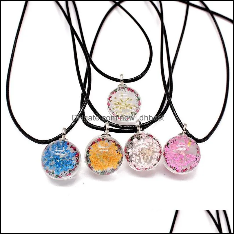 handmade dried flower glass necklace colorful glass ball pendant leather rope necklace fashion jewelry for women girls gift