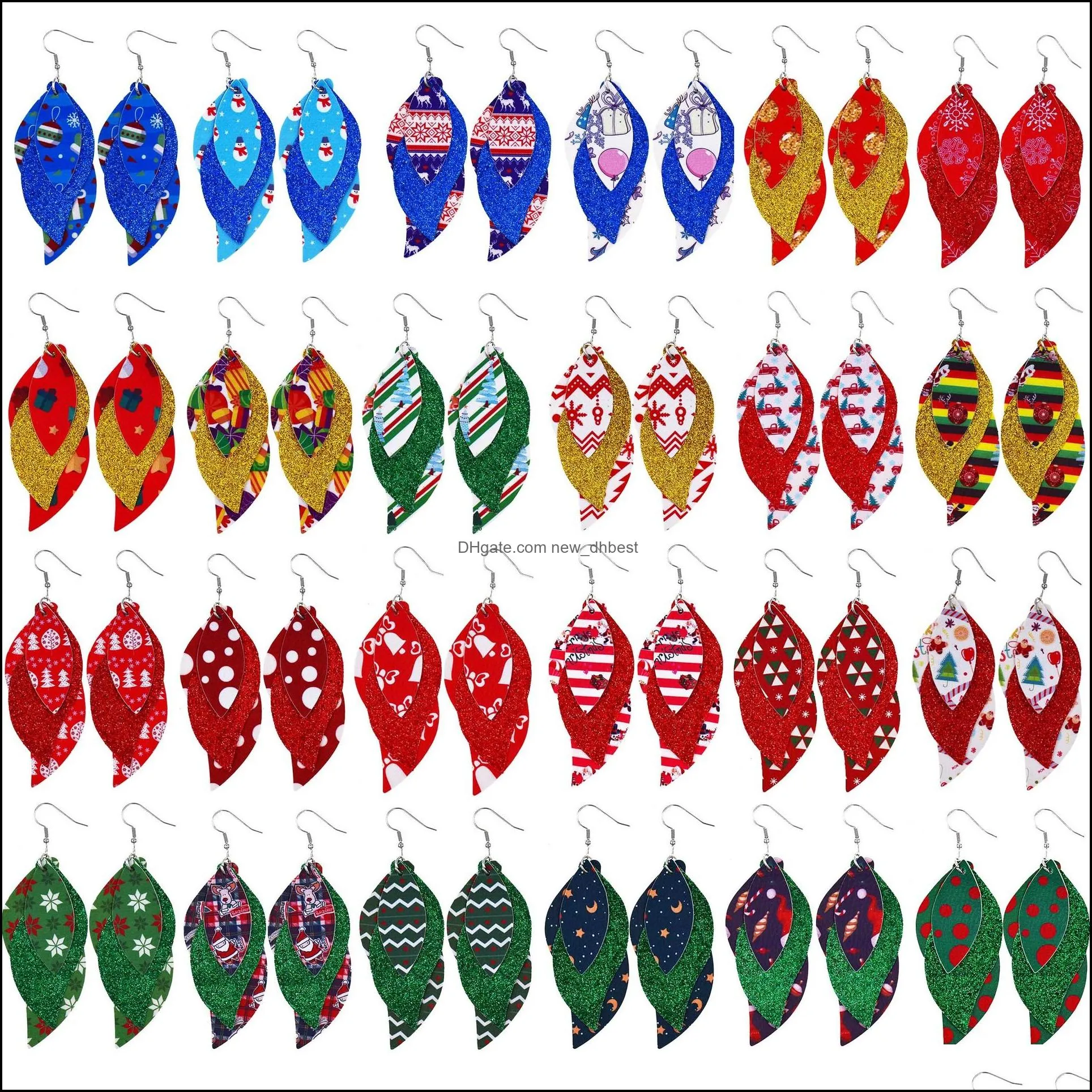  christmas s shaped leather dangle earrings double layer women print teardrop leaf accessories fashion jewelry girl gifts