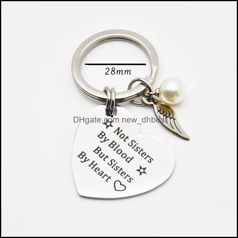 sister stainless steel keychain wings heart round shape pendant engrave words not sisters by blood but sisters by heart key ring for