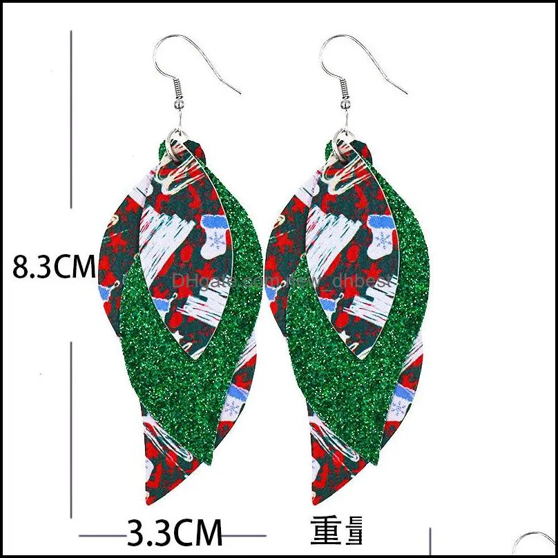  christmas s shaped leather dangle earrings double layer women print teardrop leaf accessories fashion jewelry girl gifts