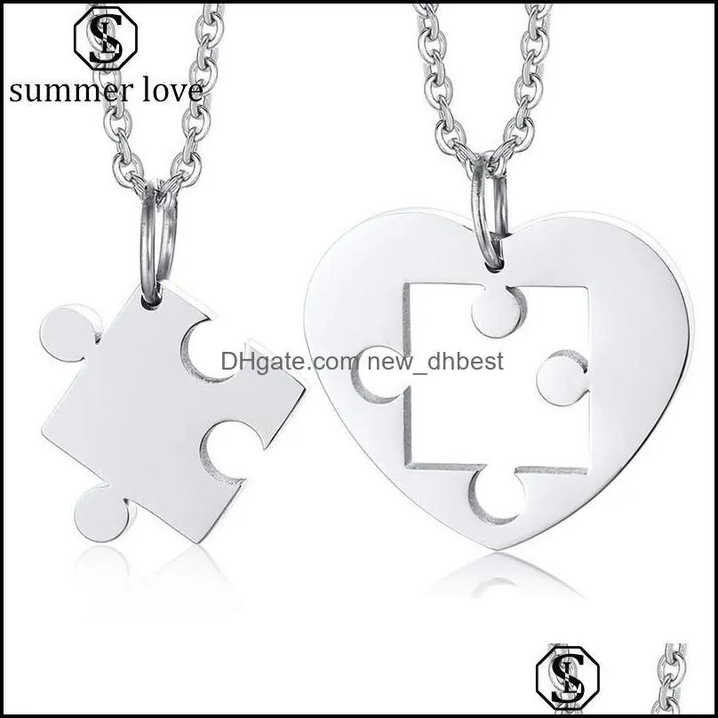 2pcs heart love puzzle necklaces for women men never fade stainless steel couple pendant necklace anniversary valentines day jewelry