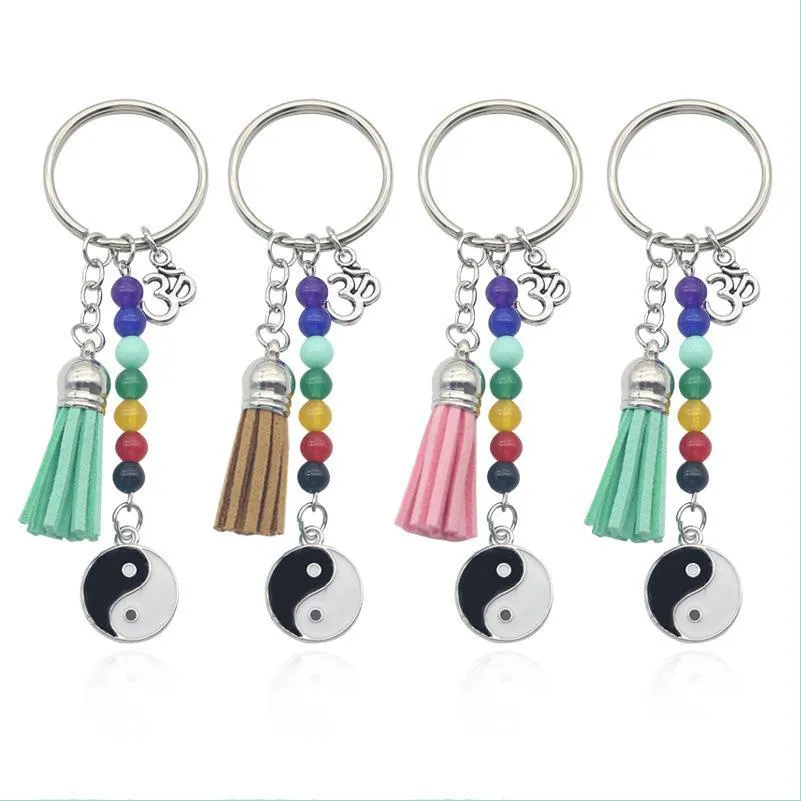 wholesale handmade colorful seven chakras yoga keychain personality tai ji pendant tassel keyfob metal fitness key rings