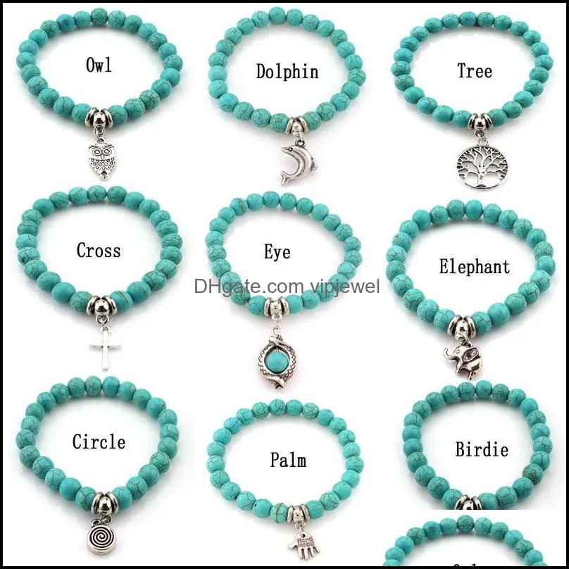 fashion turquoise beads bracelets tree owl  cross palm charm bracelets for man women jewelry accessories